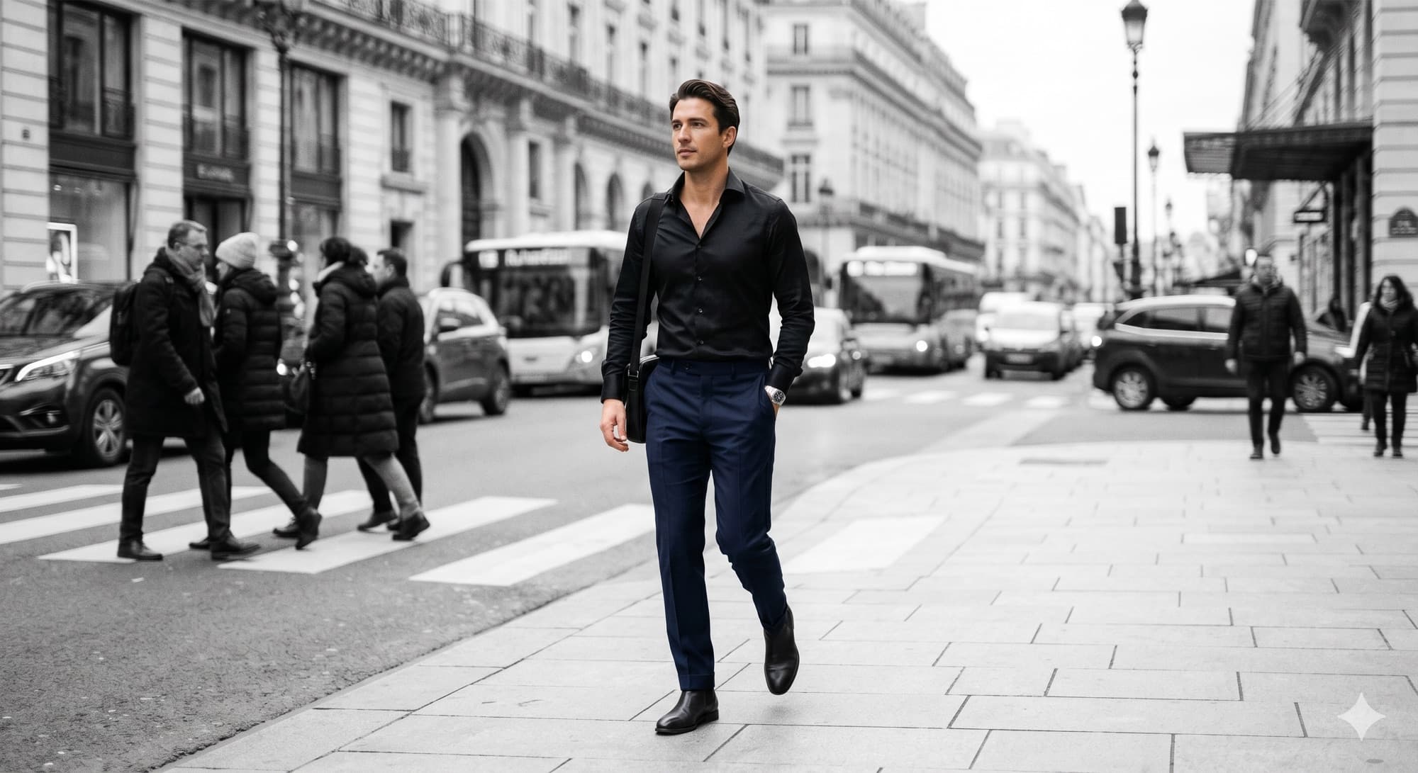 A man crossing a city street in a Landivar shirt