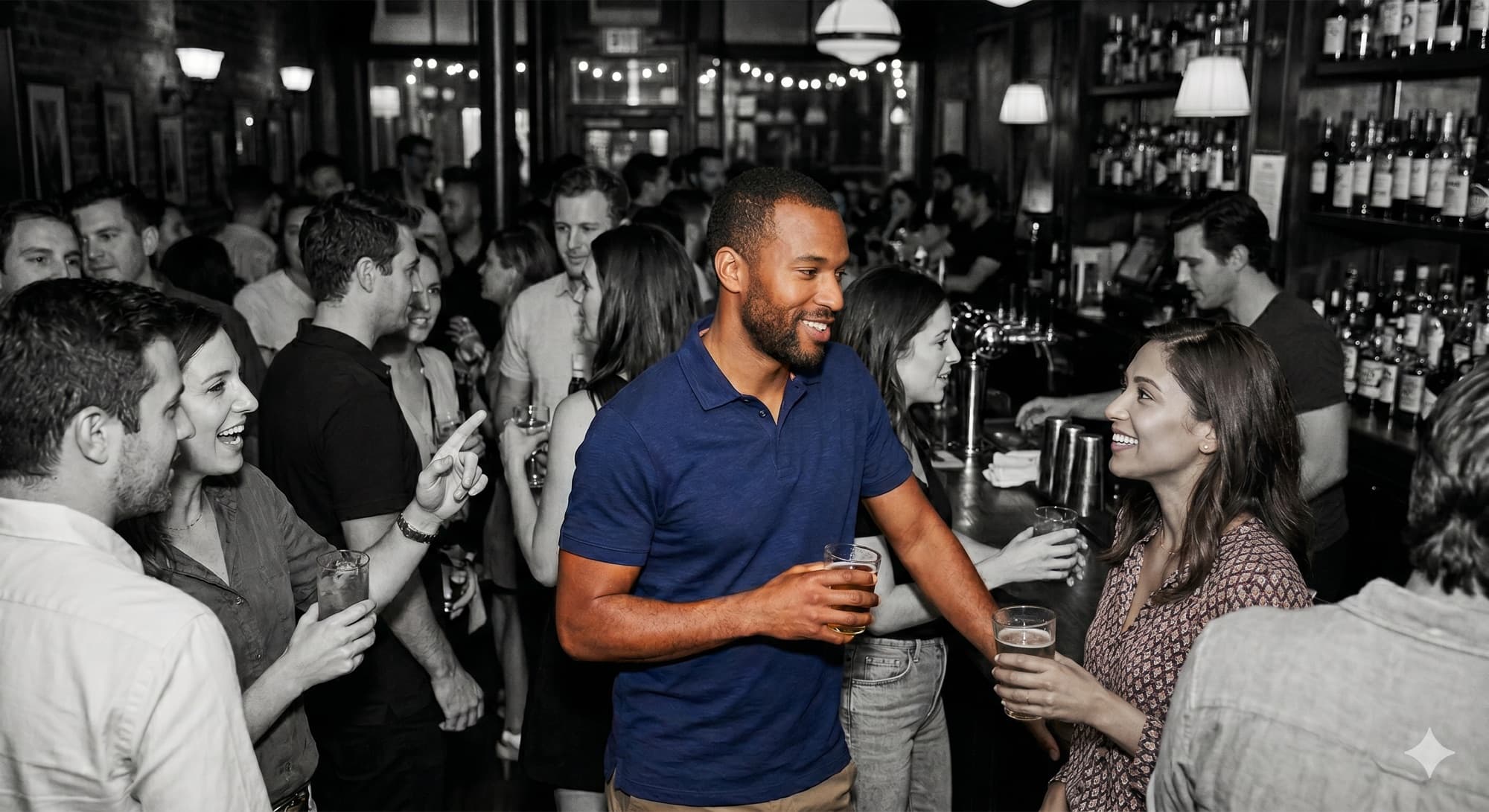 A man at a bar in a navy Landivar polo