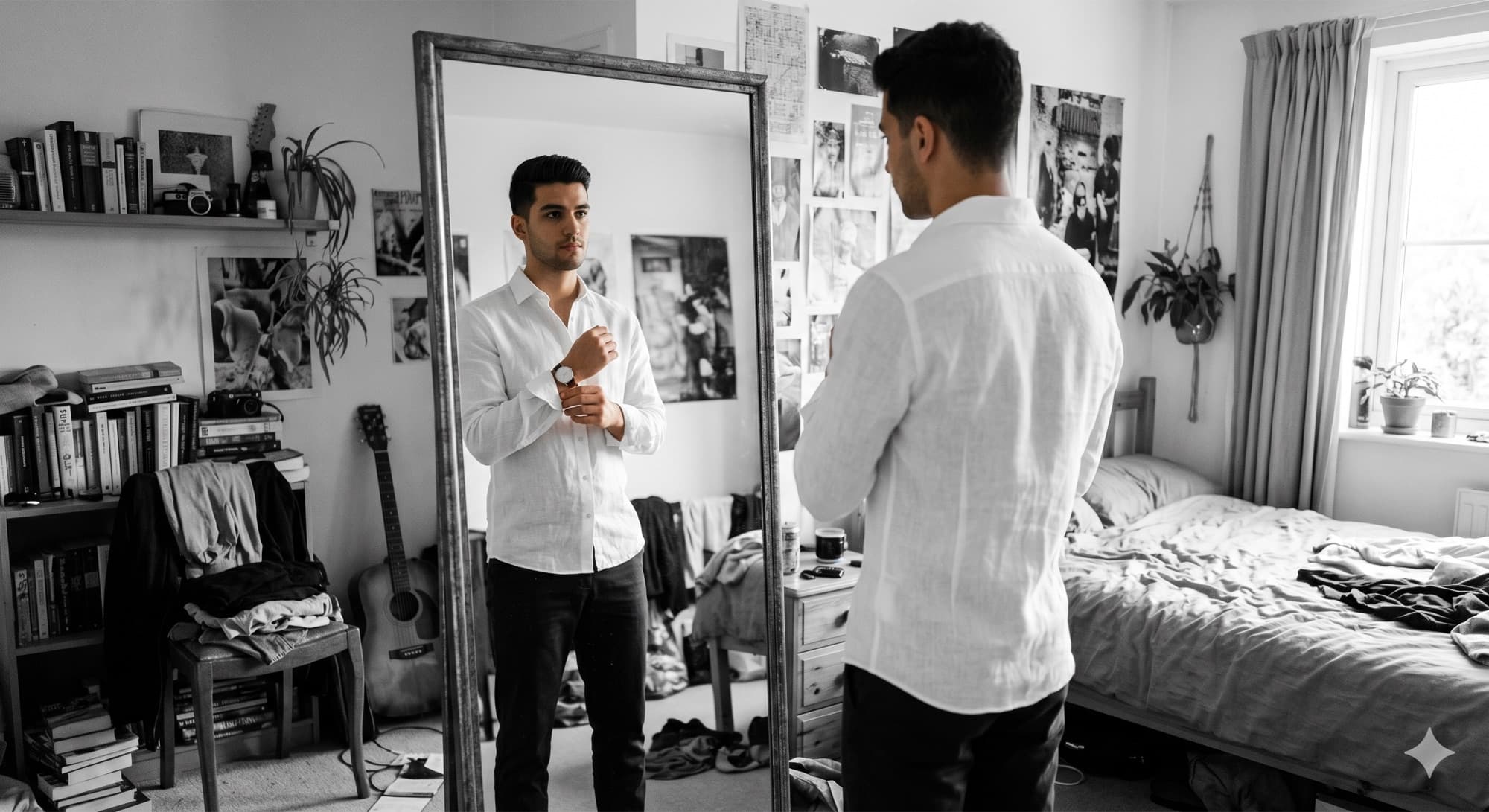 A man checking the fit of a shirt in the mirror