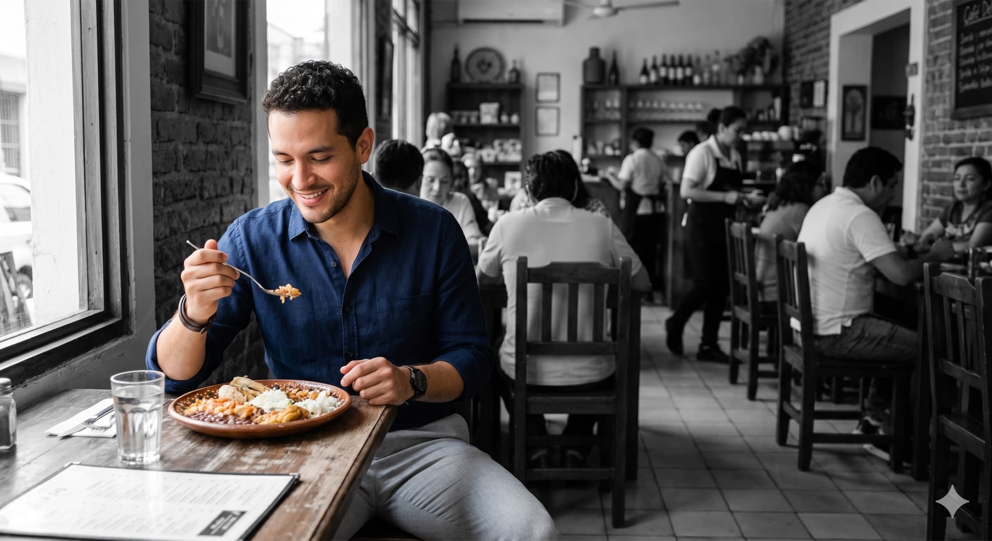 A man in navy at a neighbourhood restaurant