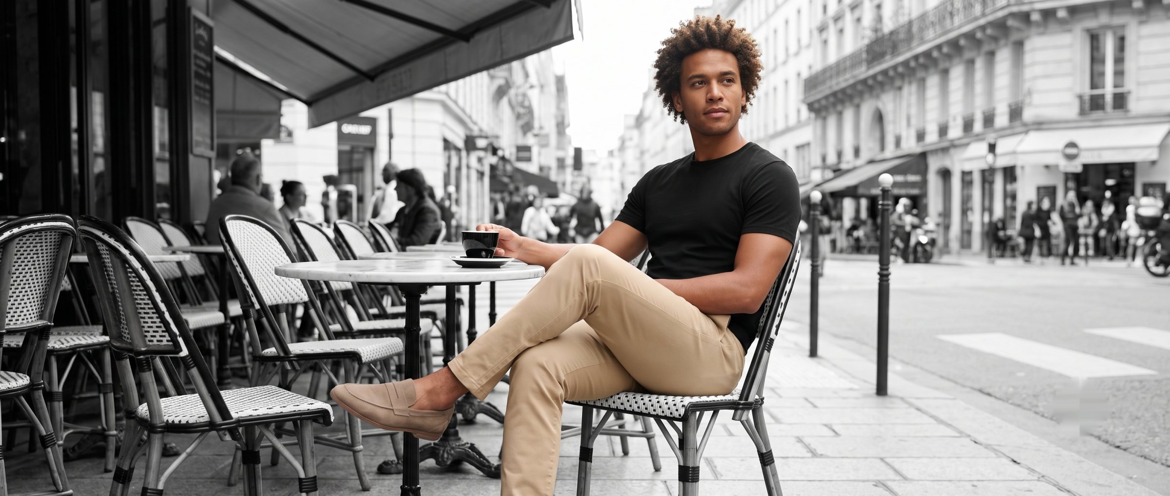 A man at a Paris café terrace in sand Landivar chinos