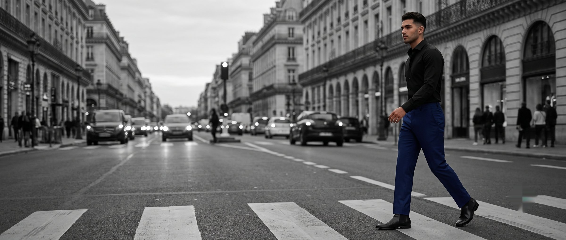A man crossing a Paris boulevard in navy Landivar dress pants