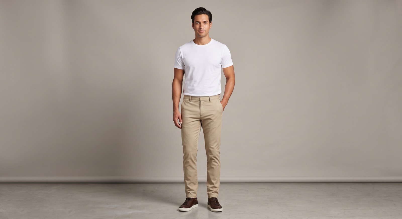 A man in sand Landivar chinos and a white tee